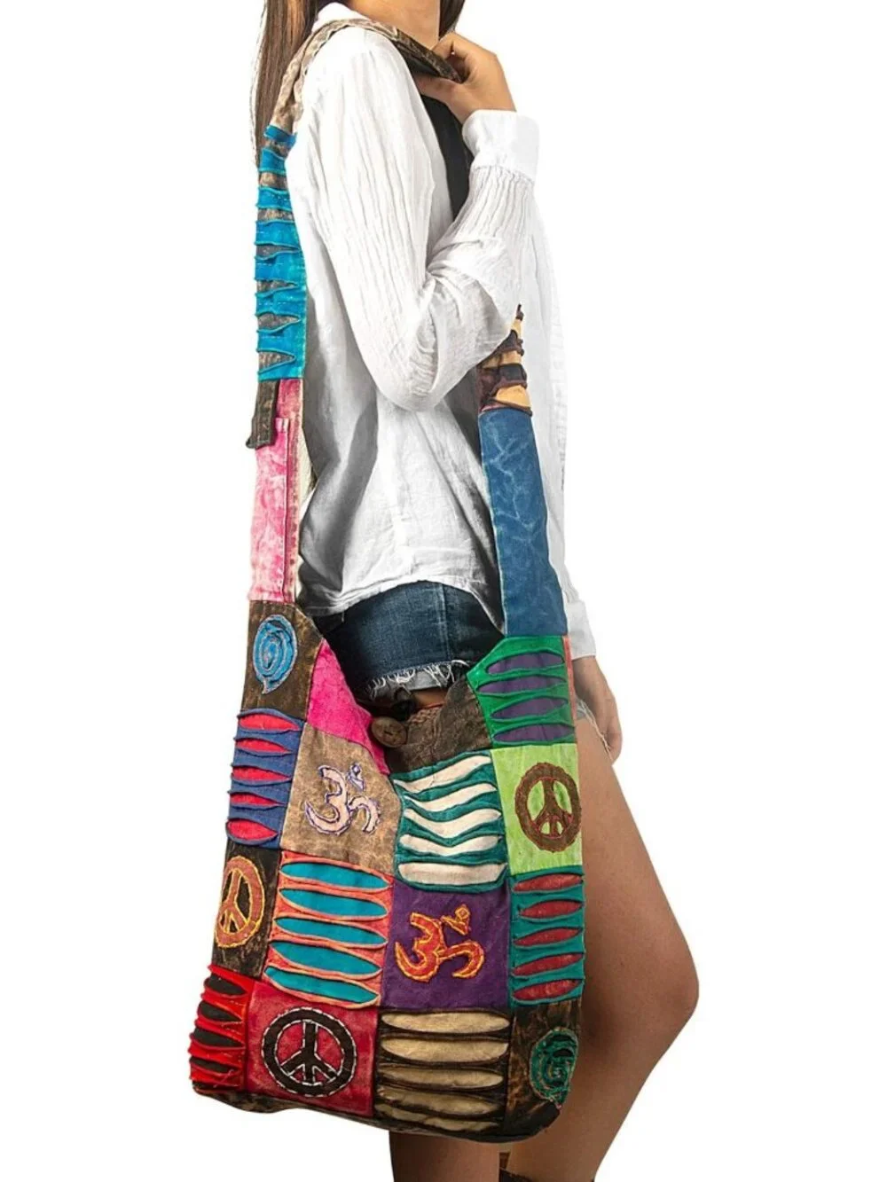 Colorful Boho Shoulder Bag for Women - Sling Slouchy Hippie Style (Peace)